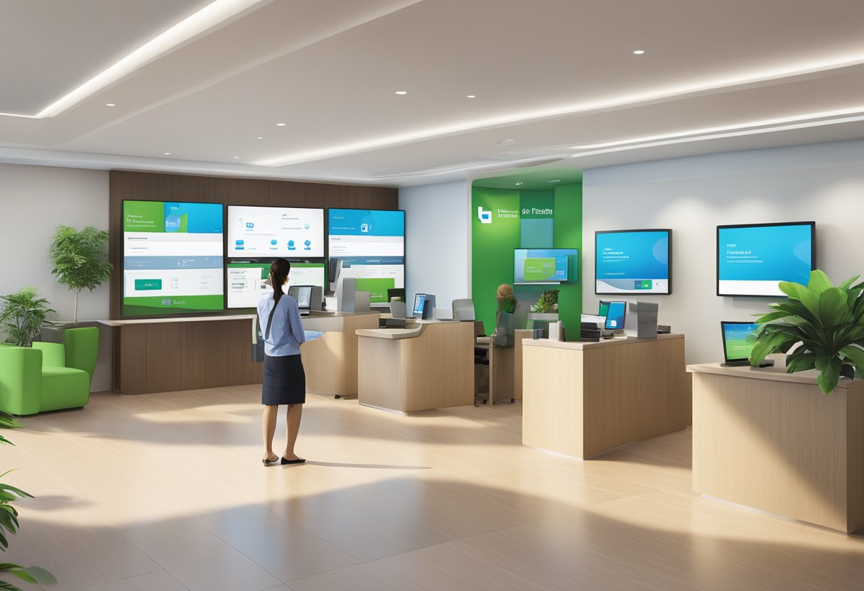A modern bank branch with digital screens, teller counters, and customer service areas at Standard Chartered Singapore