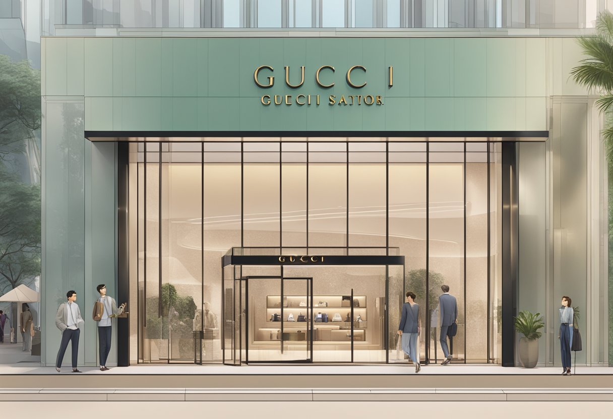 A sleek Gucci store in Singapore, with a prominent "Frequently Asked Questions" sign displayed near the entrance