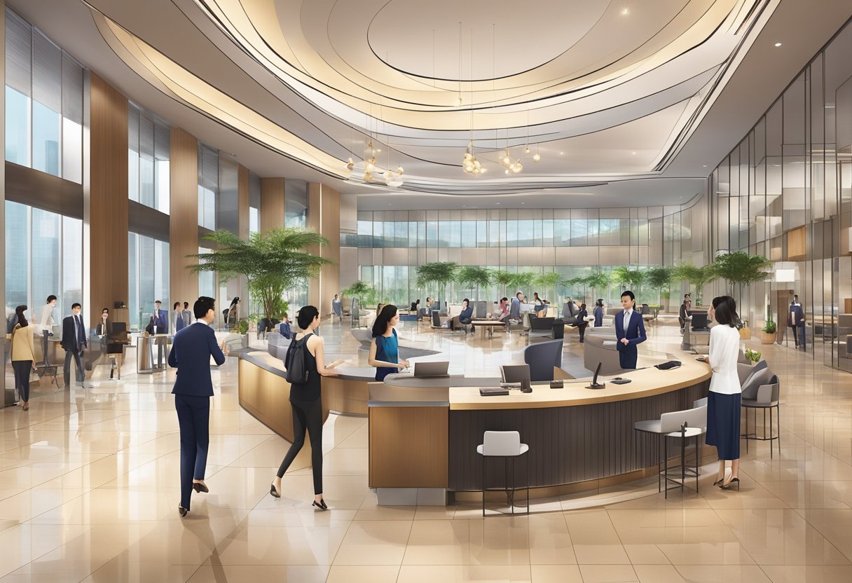 The bustling lobby of Westin Singapore, with guests and staff in motion, surrounded by modern decor and a sleek reception desk