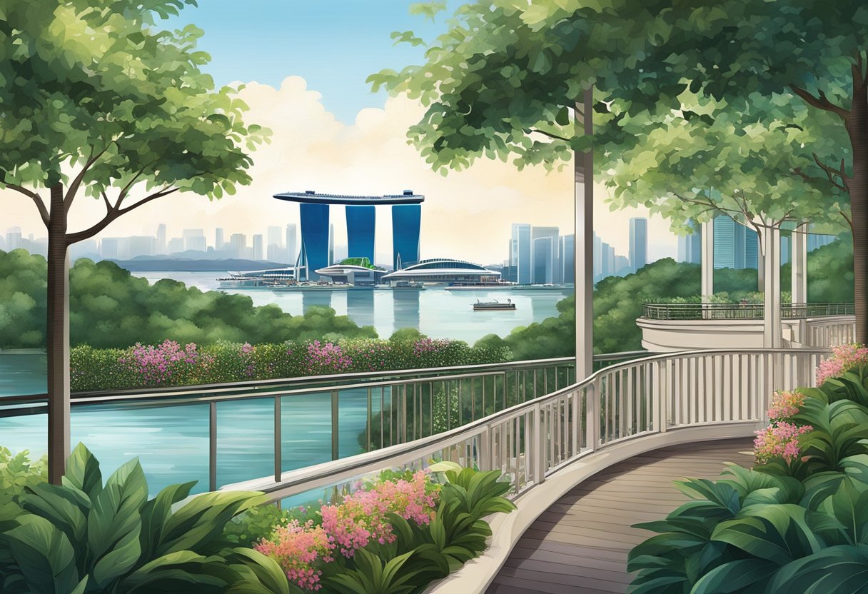 The luxurious Ritz Carlton Singapore, with its elegant architecture and lush gardens, overlooks the sparkling Marina Bay