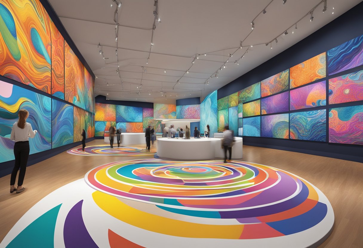 Vibrant colors and swirling patterns fill the exhibit hall, with interactive displays showcasing the intersection of art and science. The room is alive with energy and imagination