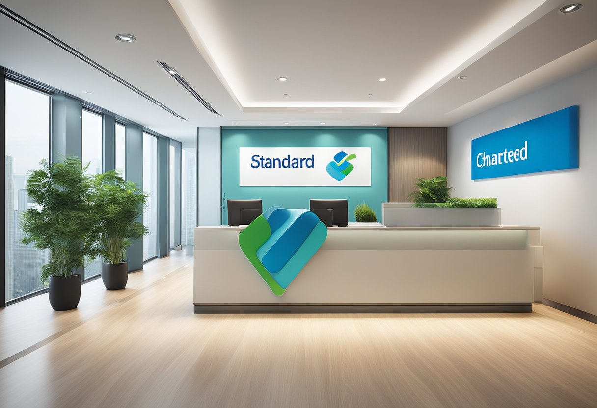 A standard chartered singapore logo displayed prominently in a modern, professional office setting
