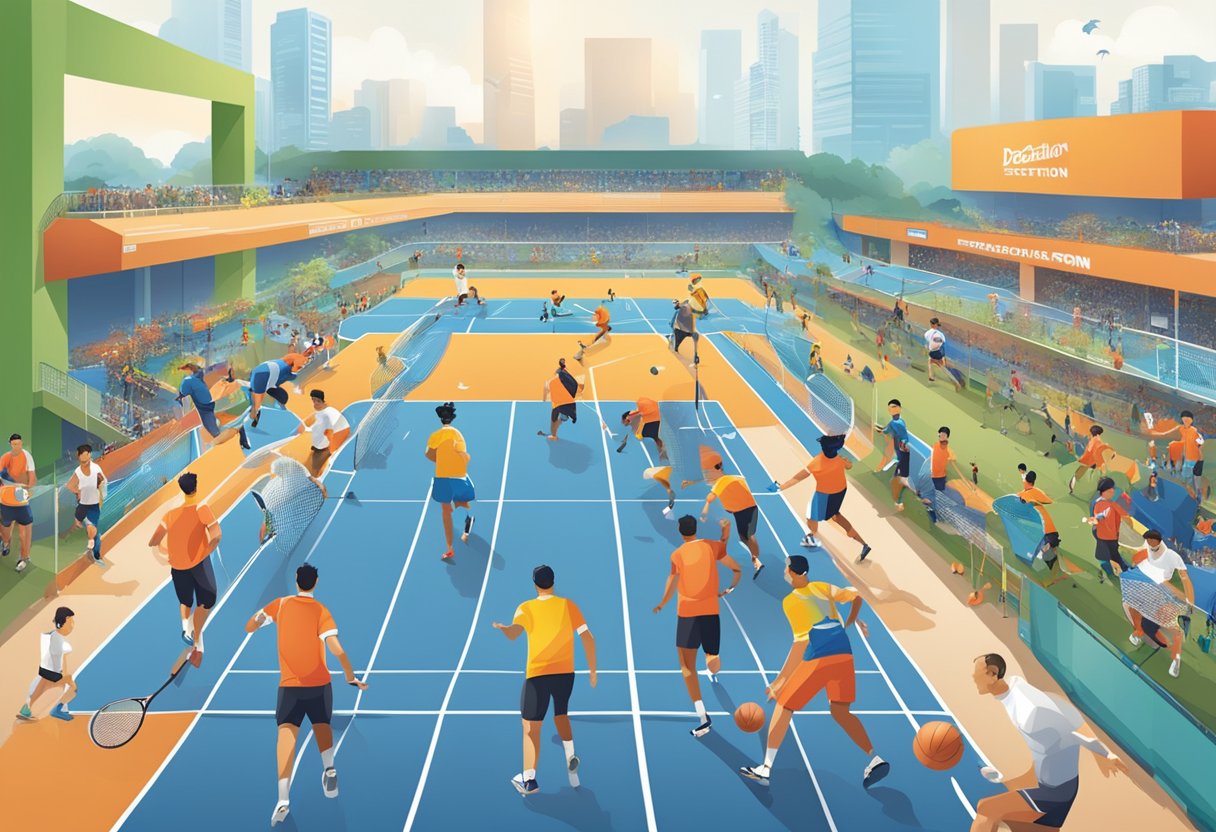 People engaging in various sports and activities at Decathlon Singapore, surrounded by vibrant and modern sports equipment and gear