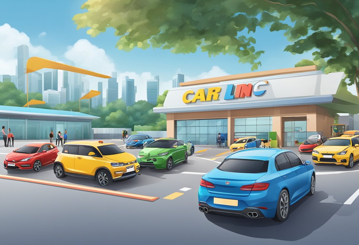 Cars line up at Singapore Driving Centre, with instructors guiding learners through driving exercises. The center's logo and signage are visible in the background