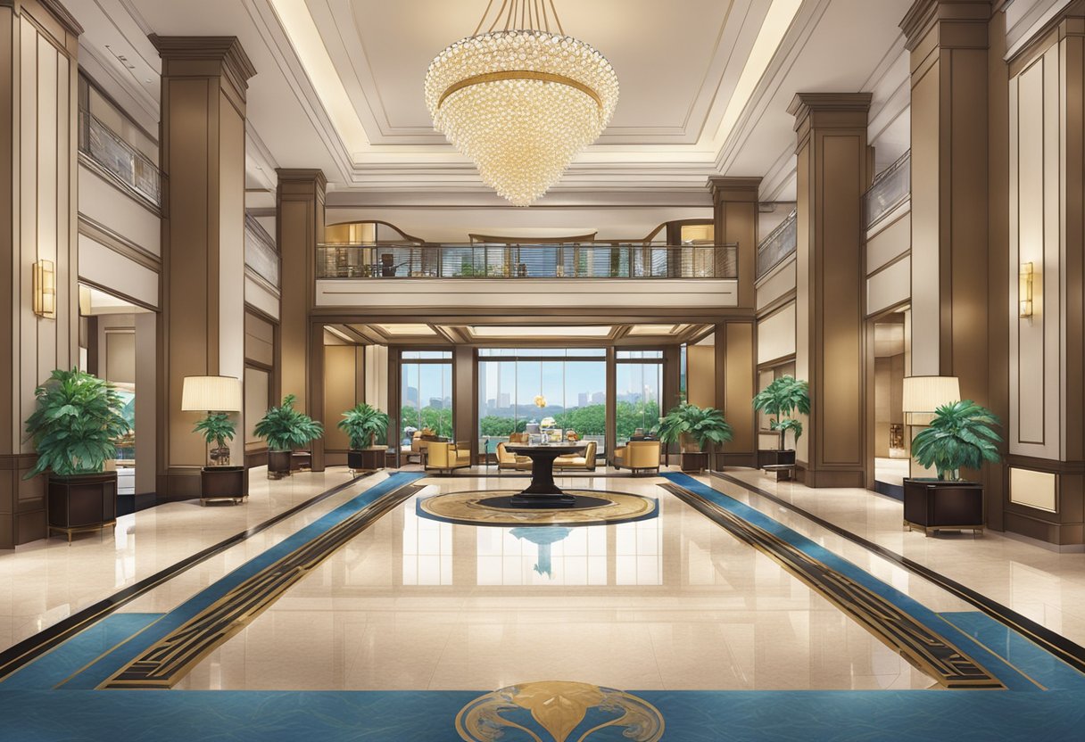 The elegant lobby of Ritz Carlton Singapore showcases luxurious furnishings and modern amenities