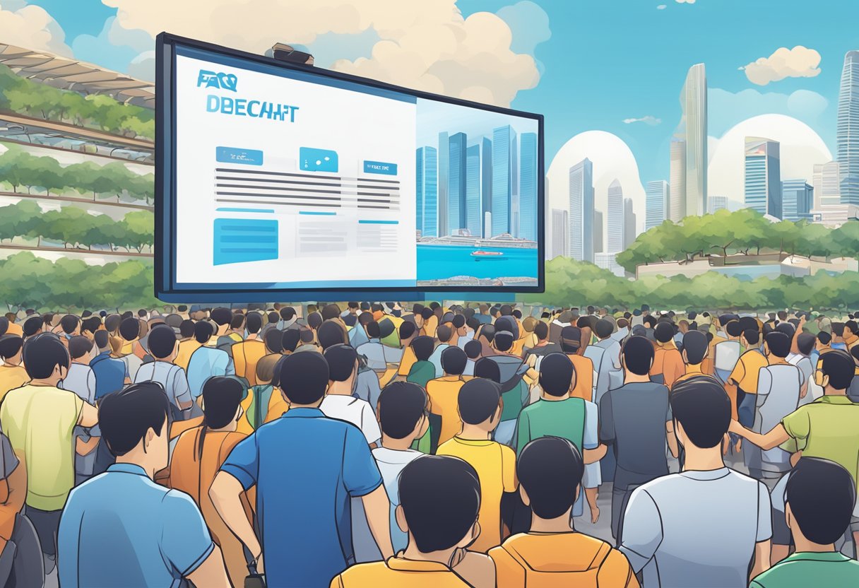 A display of a FAQ decathlon sign in Singapore with a backdrop of the city skyline and a bustling crowd in the background