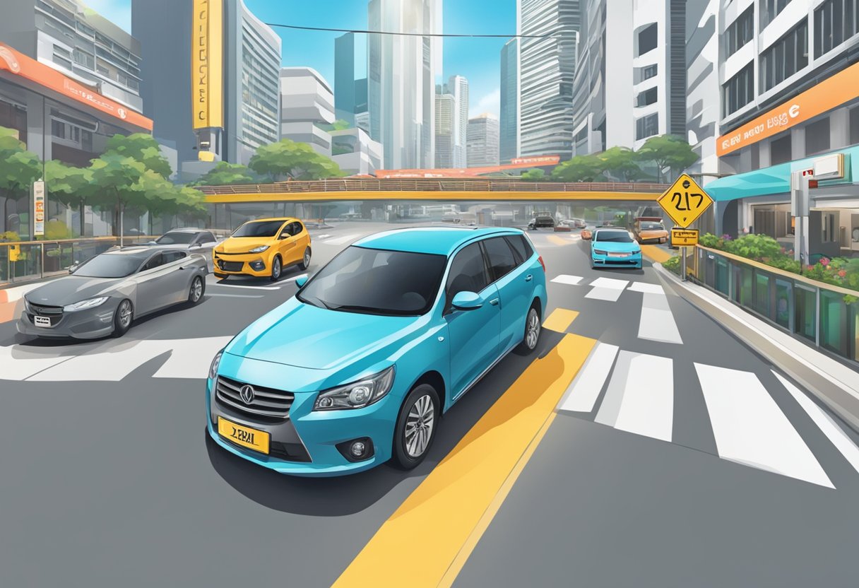 A car navigating through a busy Singapore street, with traffic signs and a Singapore Driving Centre in the background