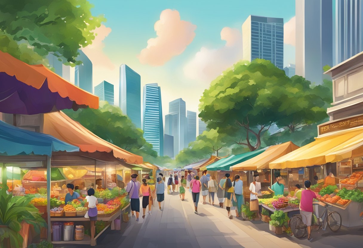 A bustling street with colorful food stalls, towering skyscrapers, and lush green gardens in the background, showcasing the diverse and vibrant atmosphere of Singapore