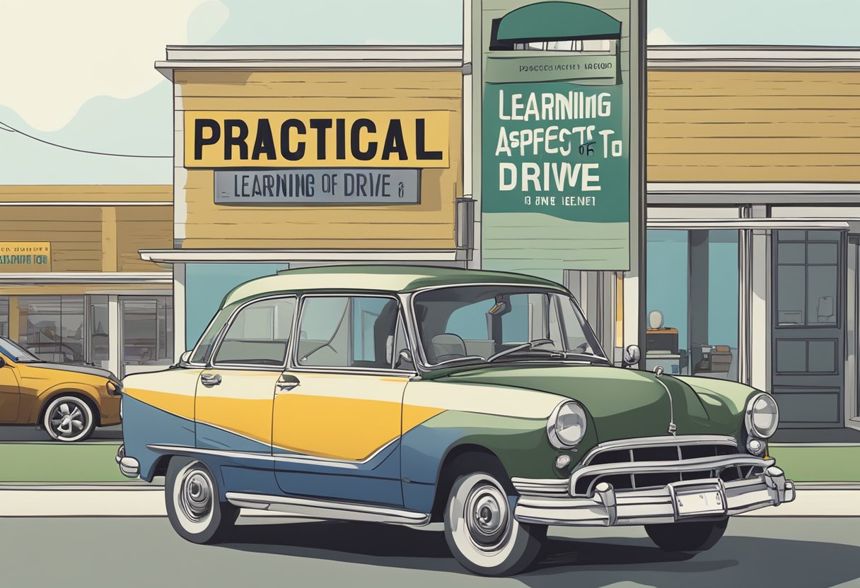 A car parked in front of a driving center with a sign displaying "Practical Aspects of Learning to Drive" in bold letters