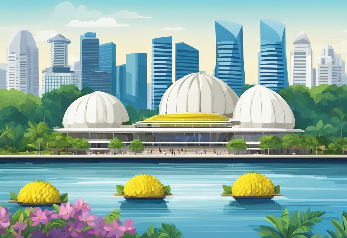 The iconic Esplanade Theatres on the Bay in Singapore, with its distinctive twin durian-shaped domes, overlooks the waterfront against a backdrop of modern skyscrapers and a vibrant city skyline