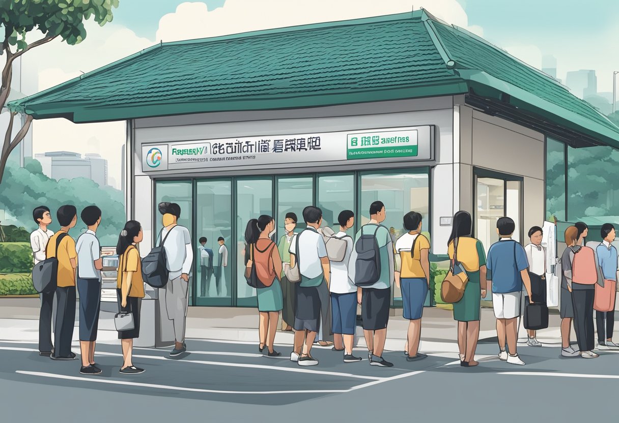 A line of people outside the Singapore Driving Centre, with a sign displaying "Frequently Asked Questions" prominently displayed