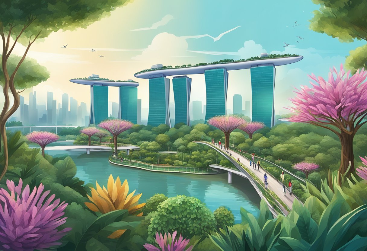 A bustling cityscape with the iconic Marina Bay Sands, Gardens by the Bay, and the futuristic Supertree Grove in Singapore