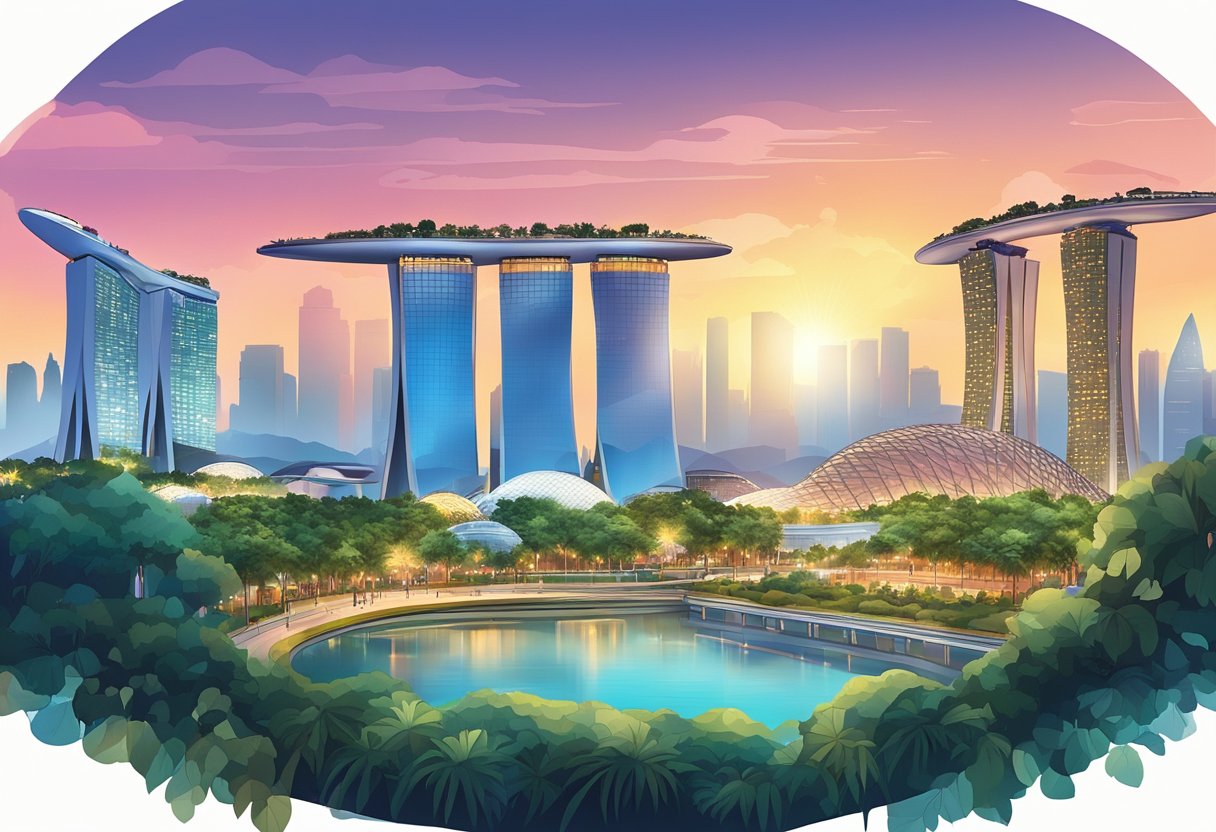 A bustling city skyline with iconic landmarks like the Marina Bay Sands and the futuristic Supertree Grove at Gardens by the Bay, set against a backdrop of a vibrant sunset