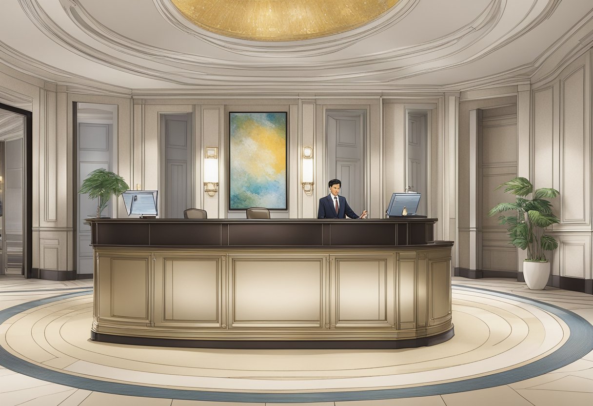The front desk at Ritz Carlton Singapore, with a display of Frequently Asked Questions brochures and a welcoming concierge