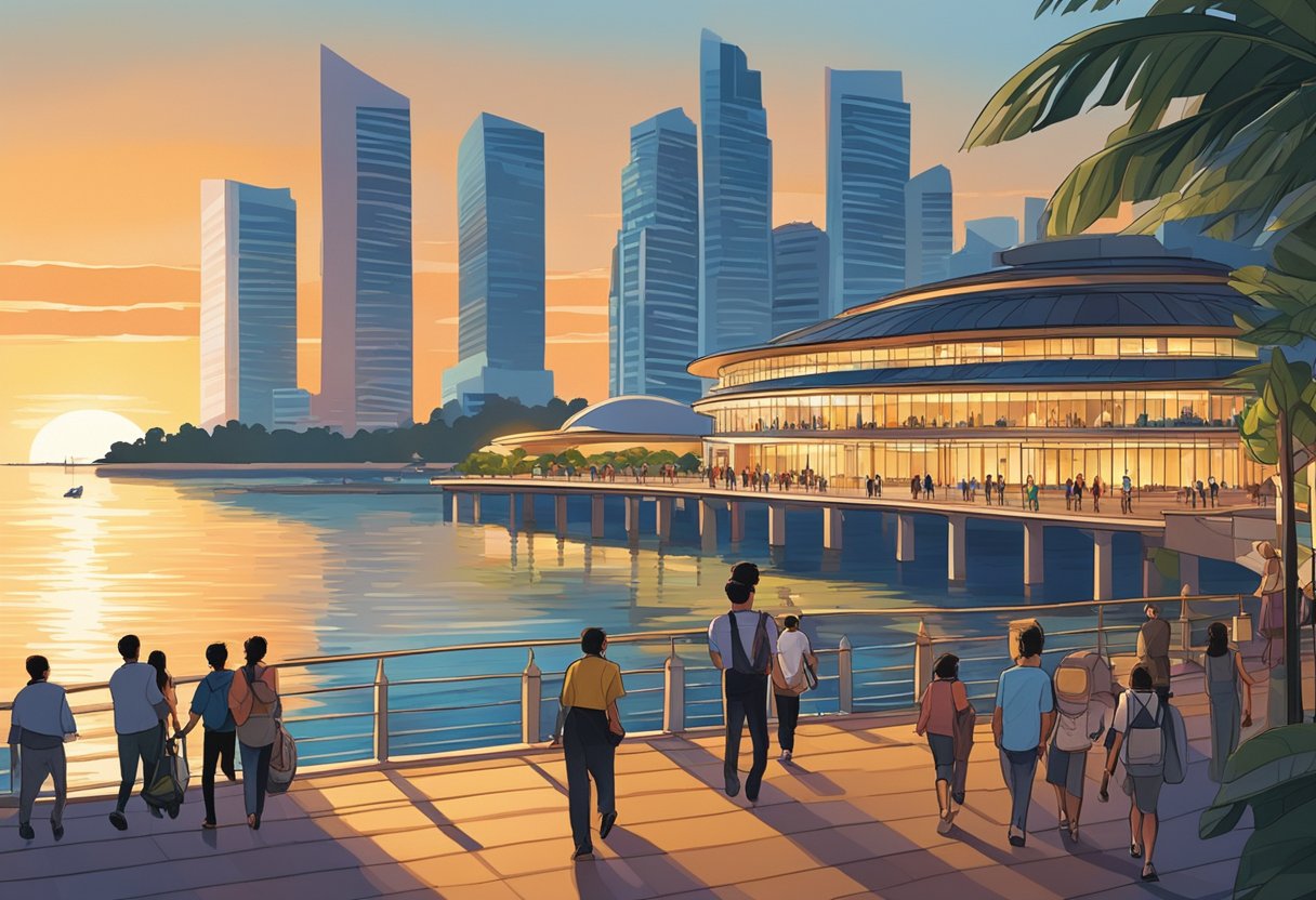 People strolling along the waterfront, with the iconic Esplanade Theatres on the Bay in the background. The sun sets behind the modern architecture, casting a warm glow over the scene