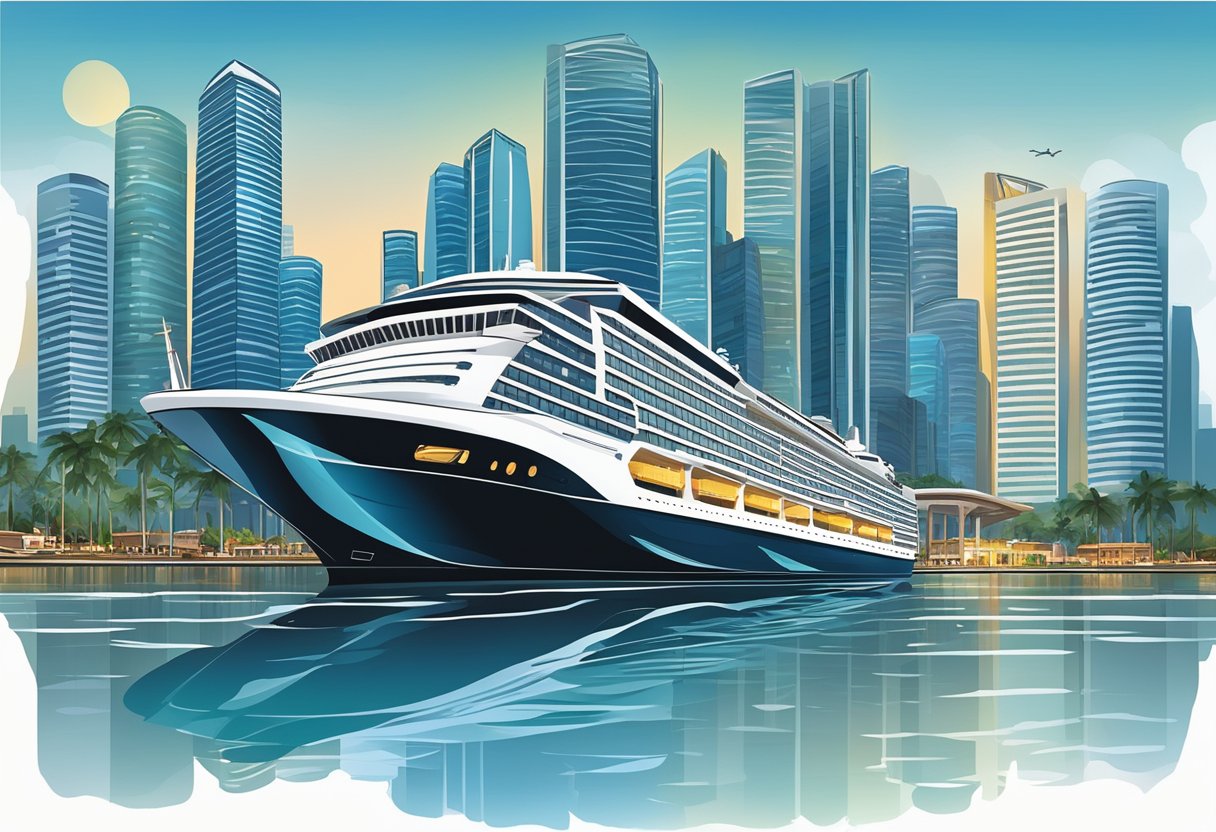 A cruise ship glides through the glistening waters of Singapore's harbor, with the iconic skyline and majestic skyscrapers in the background
