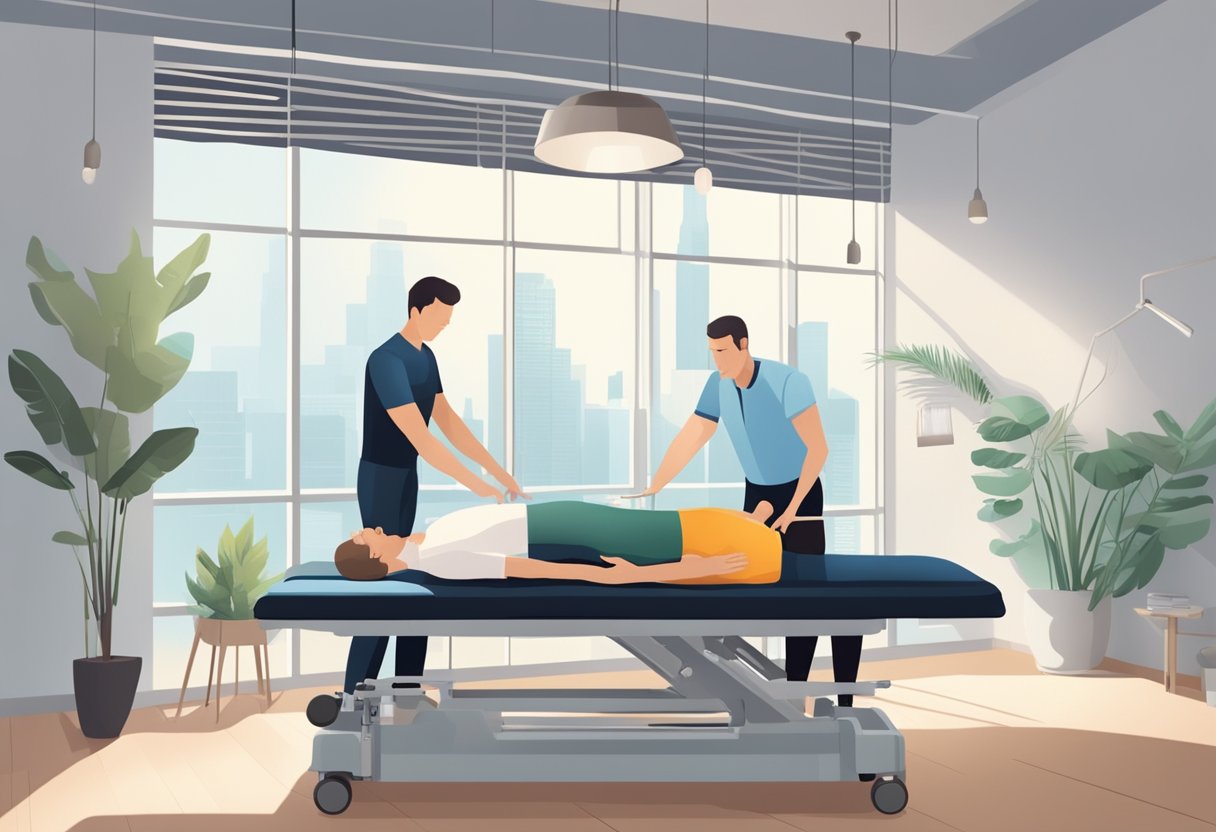 A chiropractor adjusting a patient's spine on a treatment table in a well-lit, modern clinic setting