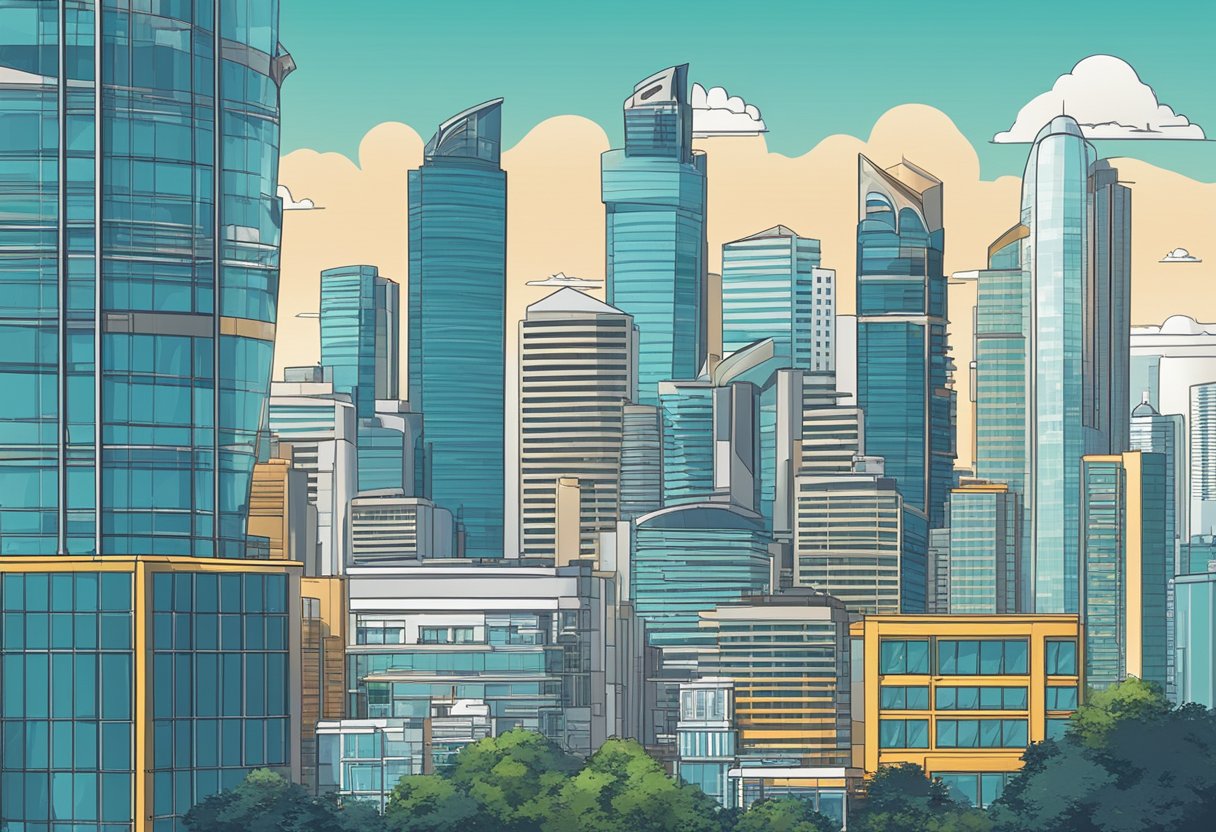 A bustling city skyline with skyscrapers and office buildings, with "Job Opportunities in Singapore" displayed prominently on a digital billboard