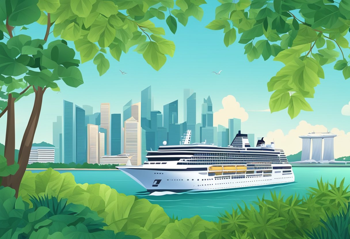A cruise ship sails past iconic Singapore landmarks, with the city skyline in the background and lush greenery along the coastline