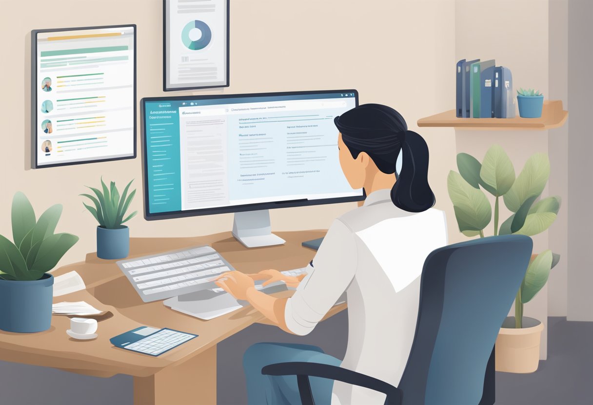 A person sits at a desk, researching chiropractors in Singapore online. A list of potential options is displayed on the computer screen