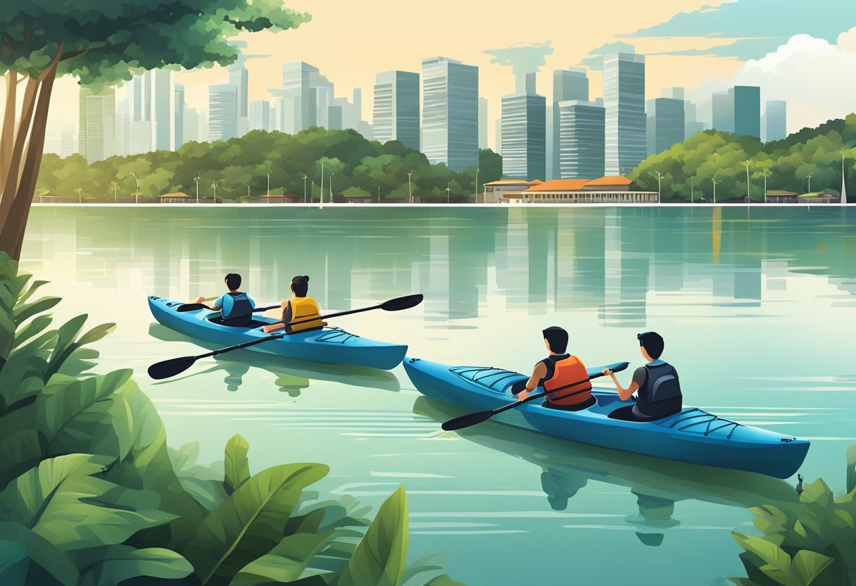 People kayaking in the tranquil waters of Singapore's reservoir, surrounded by lush greenery and towering cityscape in the background