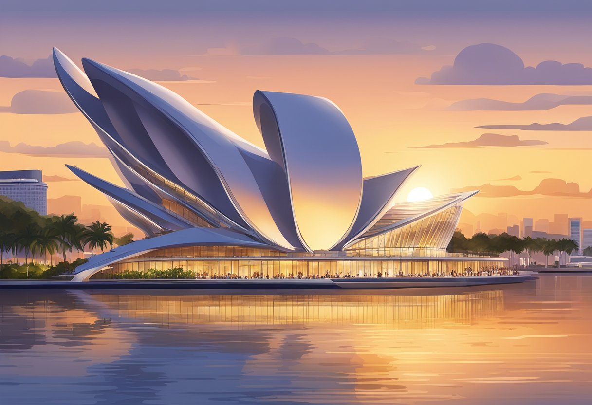 The sun sets over the iconic Esplanade Theatres on the Bay in Singapore, casting a warm glow on the sleek, modern architecture and reflecting off the calm waters of the bay