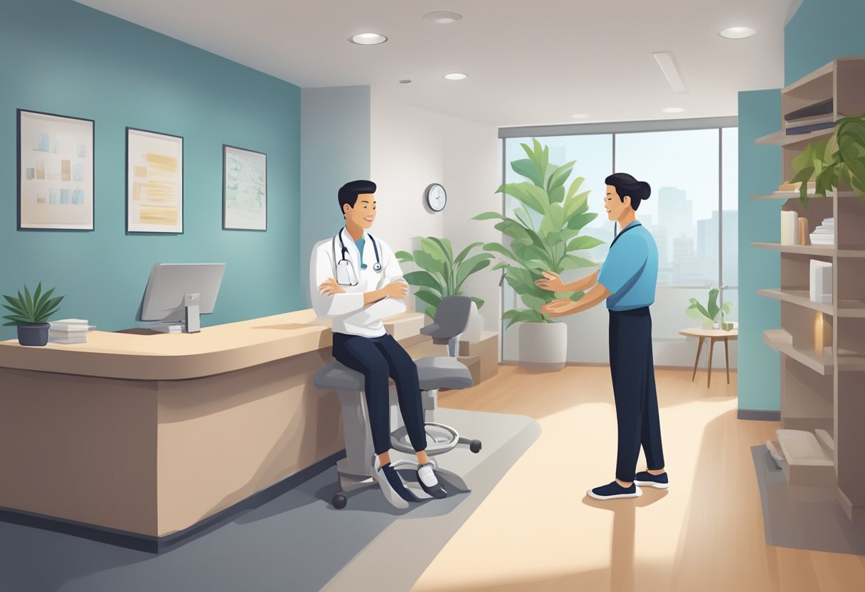 A chiropractor in Singapore answering common questions in a modern clinic setting with a warm and inviting atmosphere