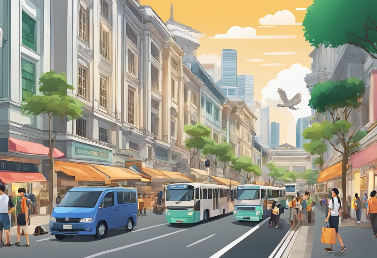 A bustling Singapore street with iconic landmarks in the background, surrounded by diverse activities and attractions
