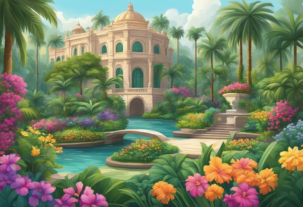 A lush garden with a meandering river and a grand, ornate building in the background, surrounded by towering palm trees and colorful flowers