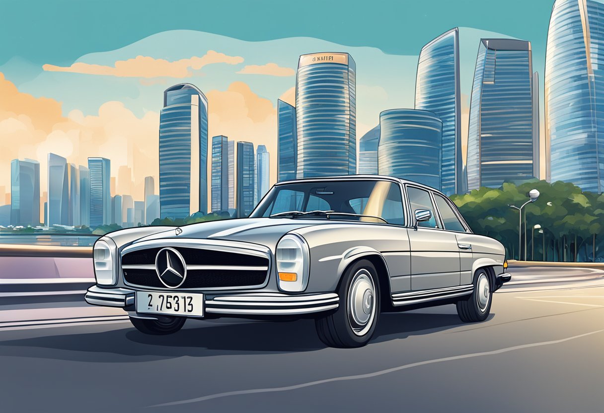 A sleek Mercedes Benz parked in front of the iconic Singapore skyline