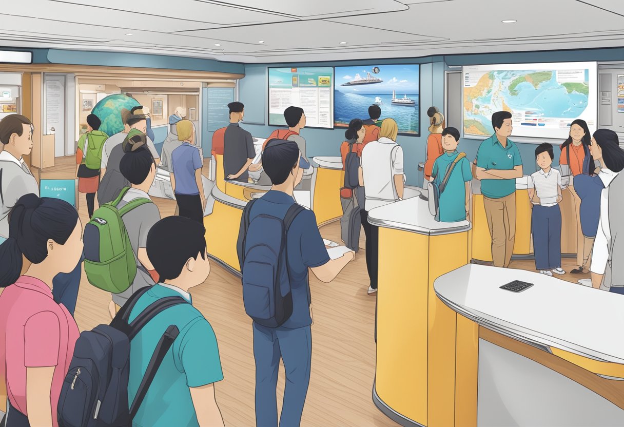 Passengers lining up at the cruise information desk, staff answering questions, brochures on display, and a digital screen showing FAQ about the Singapore cruise
