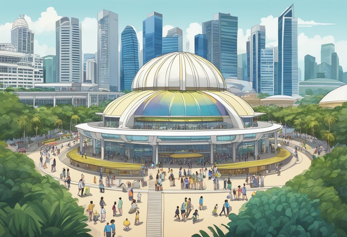 The bustling esplanade theatres on the bay in Singapore, with people milling around, and the iconic architecture of the twin durian-shaped domes standing out against the city skyline
