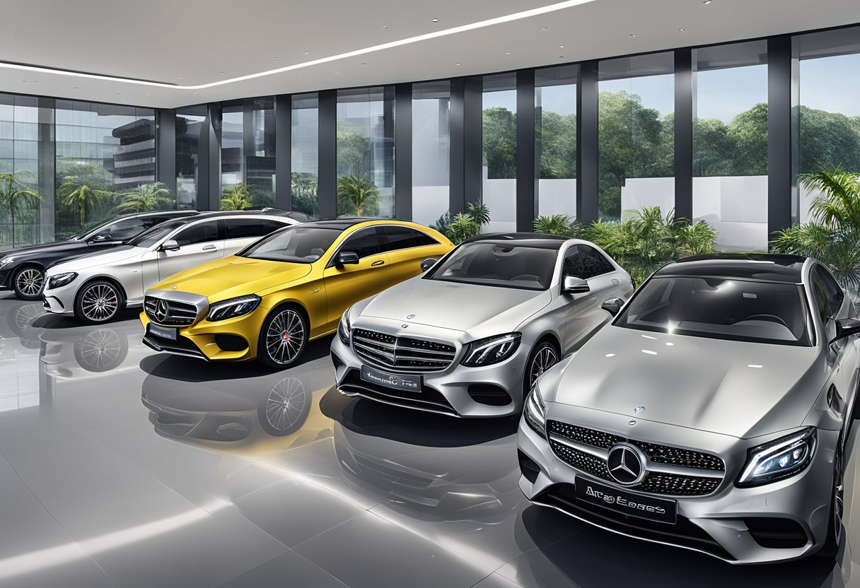 A lineup of Mercedes-Benz models and variants parked in a sleek showroom in Singapore