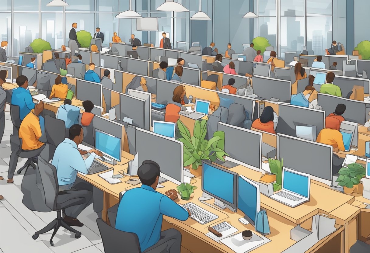 Job seekers researching, networking, and applying for positions in a bustling and competitive job market