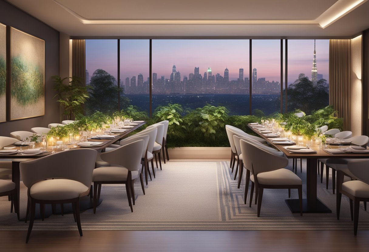 A luxurious dining area with elegant decor, soft lighting, and comfortable seating. A serene atmosphere with a view of lush greenery and a glimpse of the city skyline