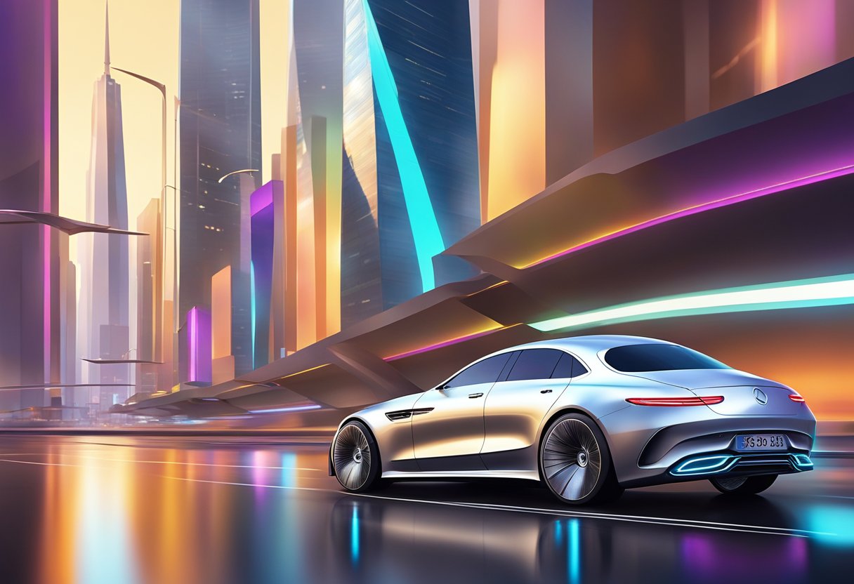 A sleek Mercedes Benz car drives through a futuristic city skyline, with vibrant lights and cutting-edge architecture showcasing innovation