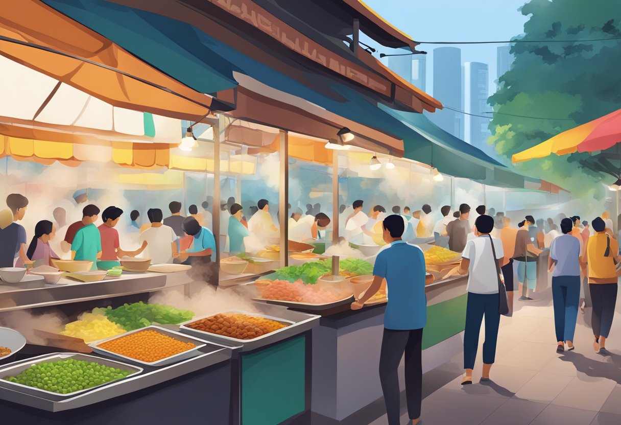A bustling hawker center in Singapore, with colorful halal food stalls and fragrant smoke wafting through the air