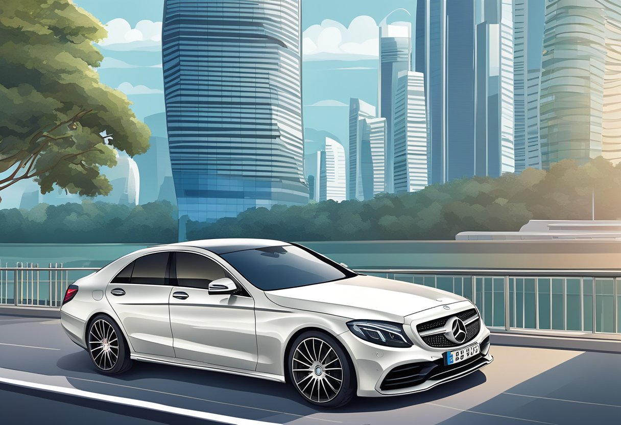 A sleek Mercedes Benz parked in front of a modern Singapore skyline, with the iconic Marina Bay Sands in the background