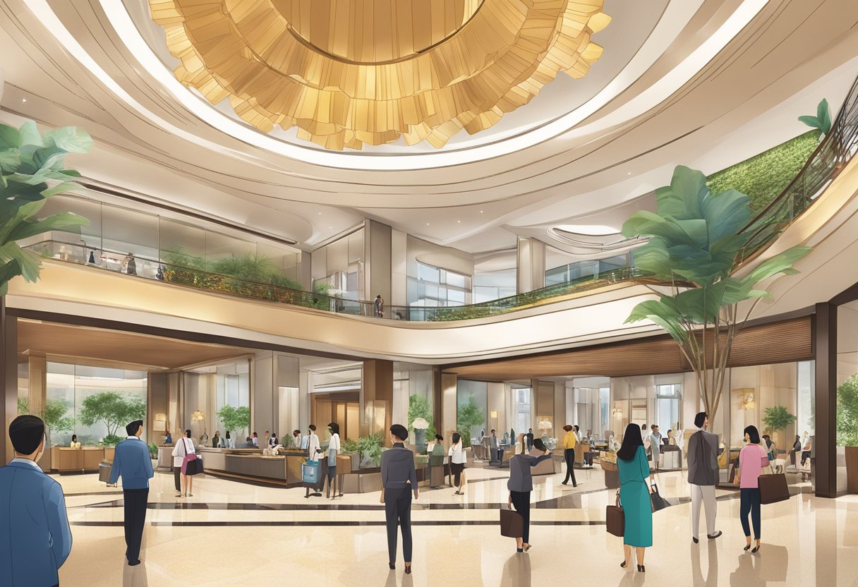 The bustling lobby of Shangri-La Singapore, with guests checking in, staff assisting, and a prominent "Frequently Asked Questions" sign displayed