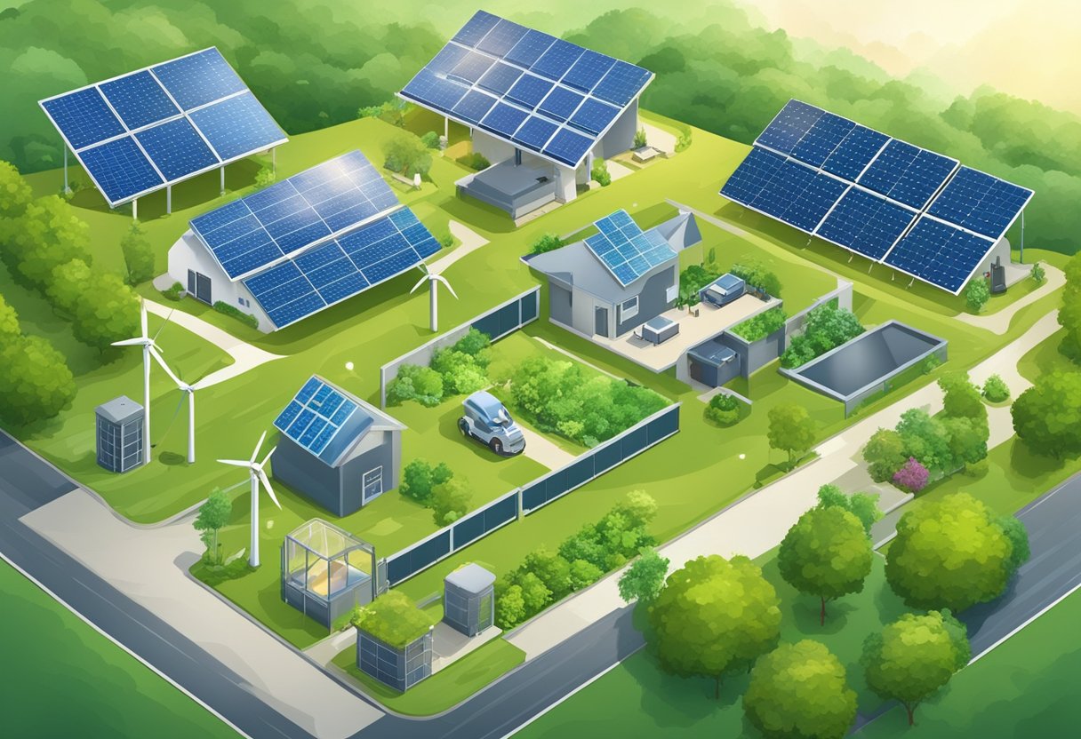 A lush green landscape with solar panels, wind turbines, and a smart home with energy-efficient appliances. Recycling bins and composting area nearby