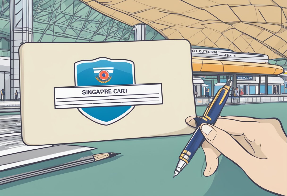 A hand holding a Singapore arrival card with a pen ready to fill in personal details. Background includes airport signage and a customs booth
