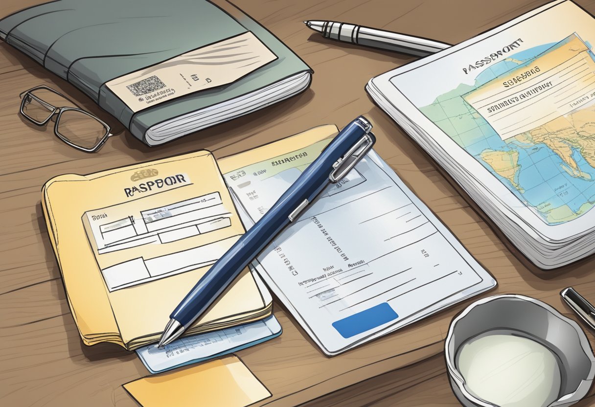Passport and pen on a table with a Singapore Arrival Card filled out