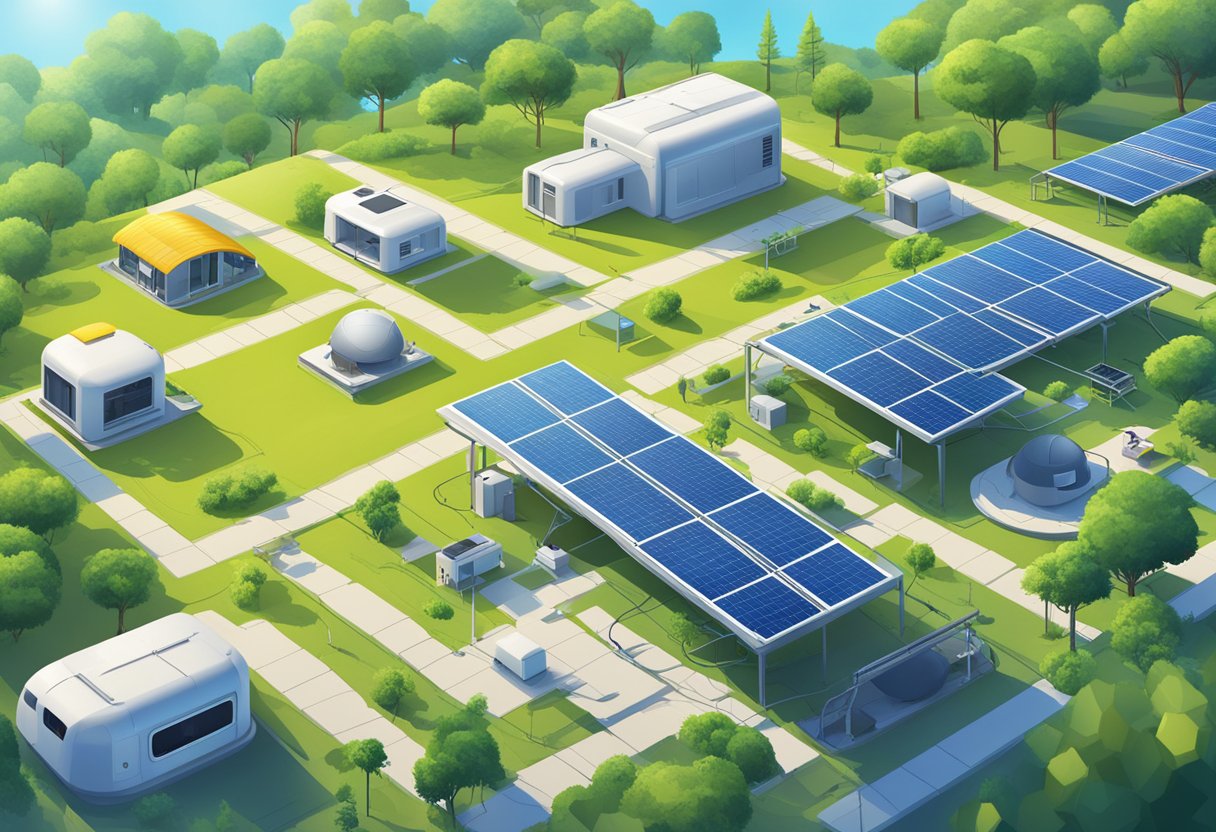 A sunny landscape with solar panels powering various tech gadgets, surrounded by lush greenery and clean, blue skies