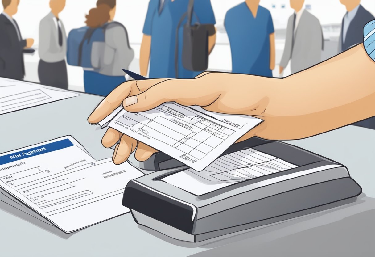 Passenger's hand filling out arrival card at airport counter. Pen marks paper as form is completed. Card is then submitted to immigration officer