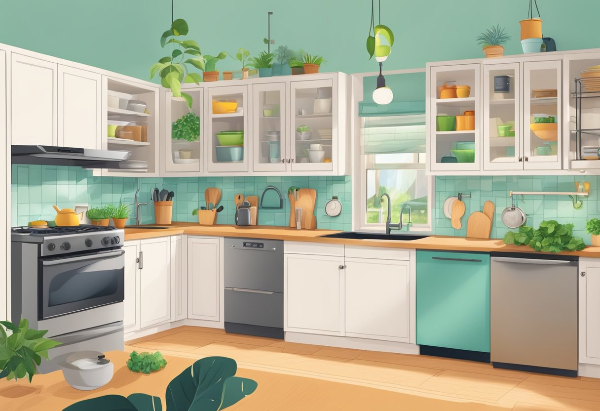 A kitchen filled with energy-efficient appliances and eco-friendly gadgets, such as a smart thermostat, solar-powered lights, and a compost bin, all working together to help save the planet