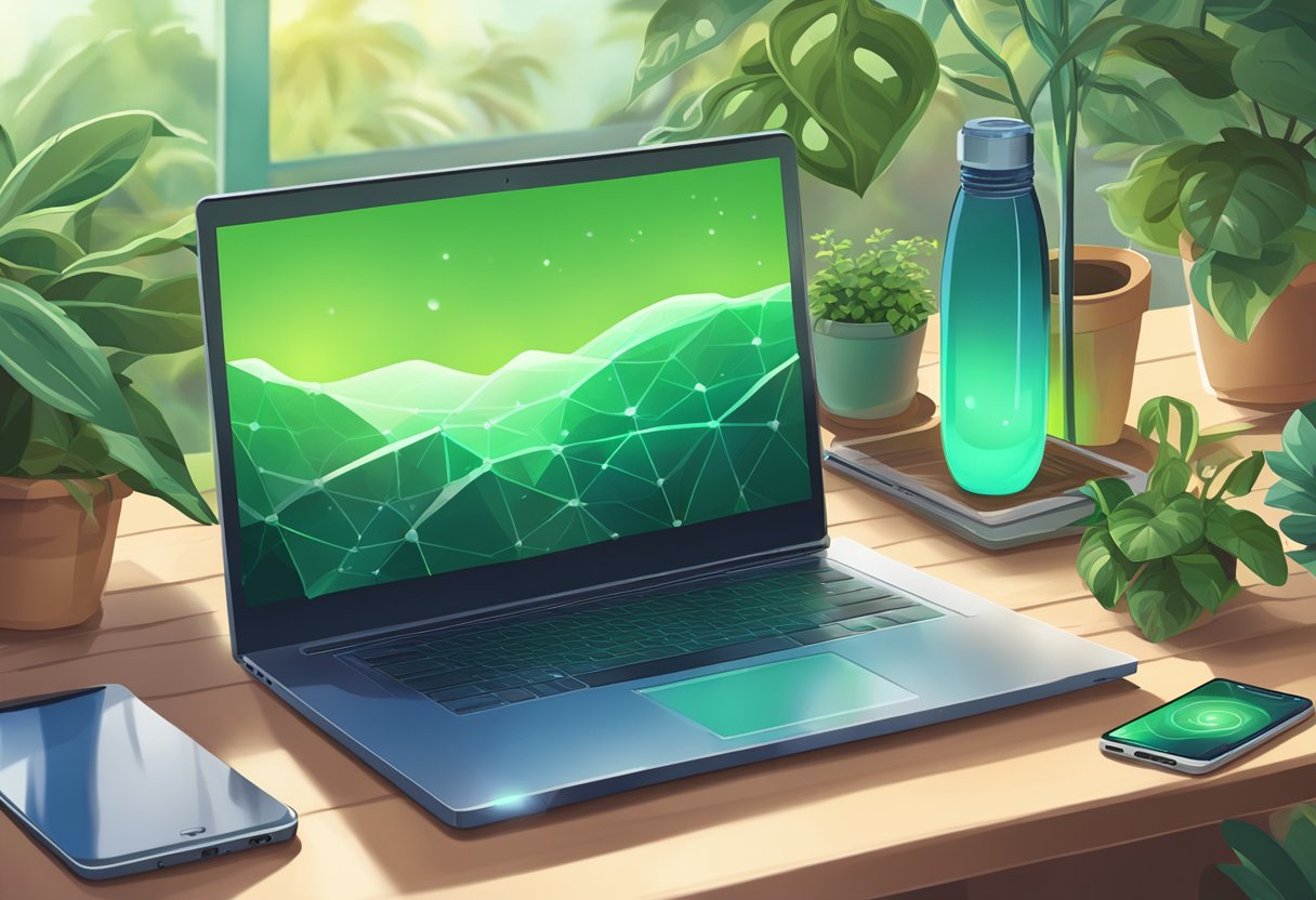 A solar-powered laptop and recyclable phone on a desk, surrounded by potted plants and a reusable water bottle. The devices are emitting a green, eco-friendly glow