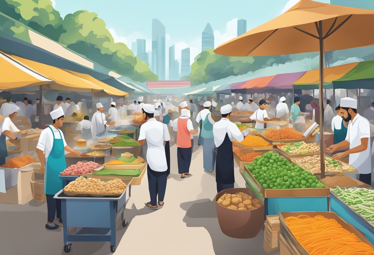 A bustling halal food market in Singapore, with colorful stalls and aromatic dishes being prepared and served to eager customers