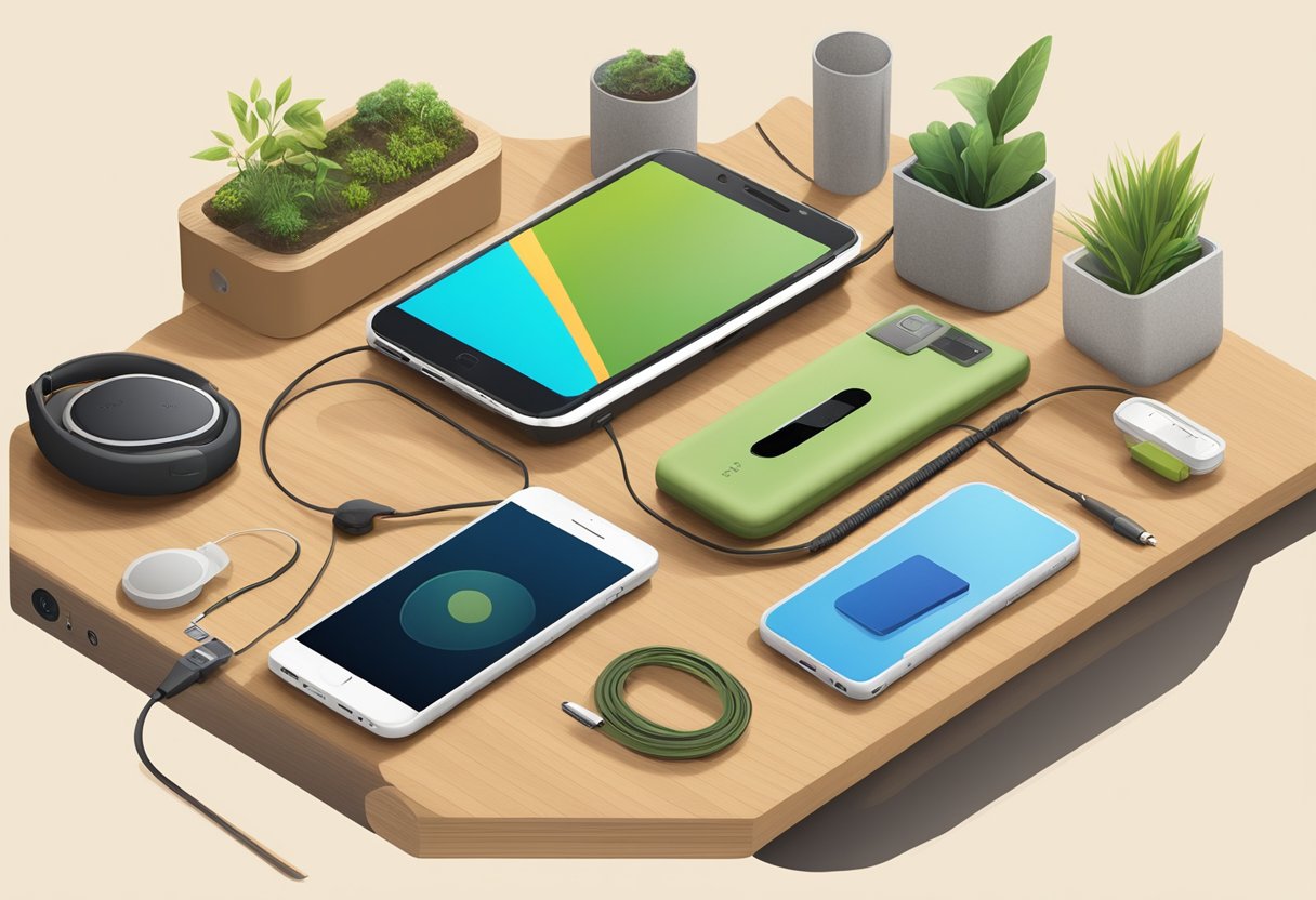 A table showcasing eco-friendly gadgets made from biodegradable and recycled materials. The devices include solar-powered chargers, bamboo phone cases, and recycled plastic headphones