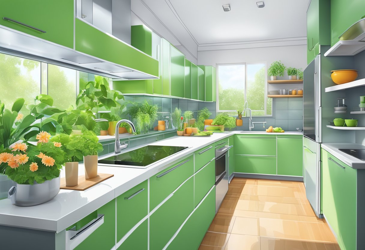 A modern kitchen with water-saving faucets, energy-efficient appliances, and smart irrigation system in a green garden