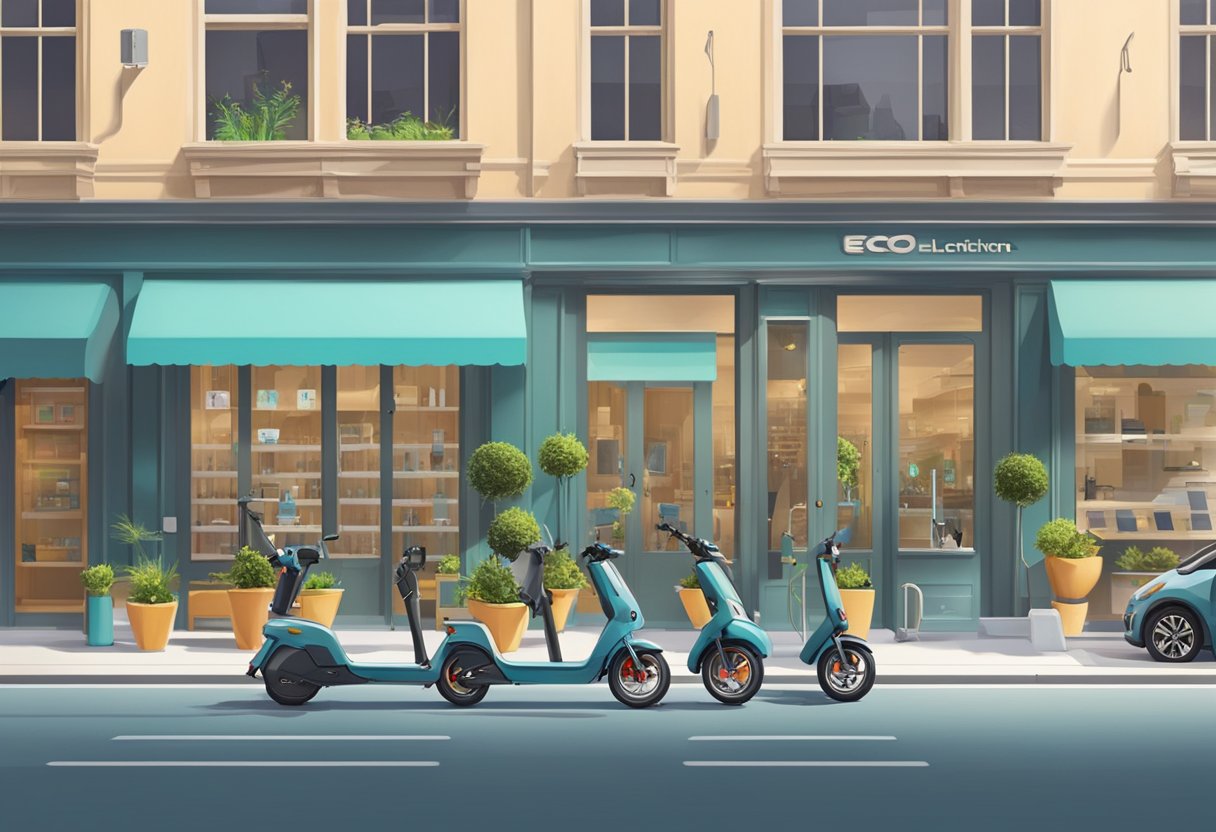 A bustling city street with electric scooters, bicycles, and smart cars zipping by. Solar-powered charging stations and eco-friendly tech gadgets on display in storefront windows